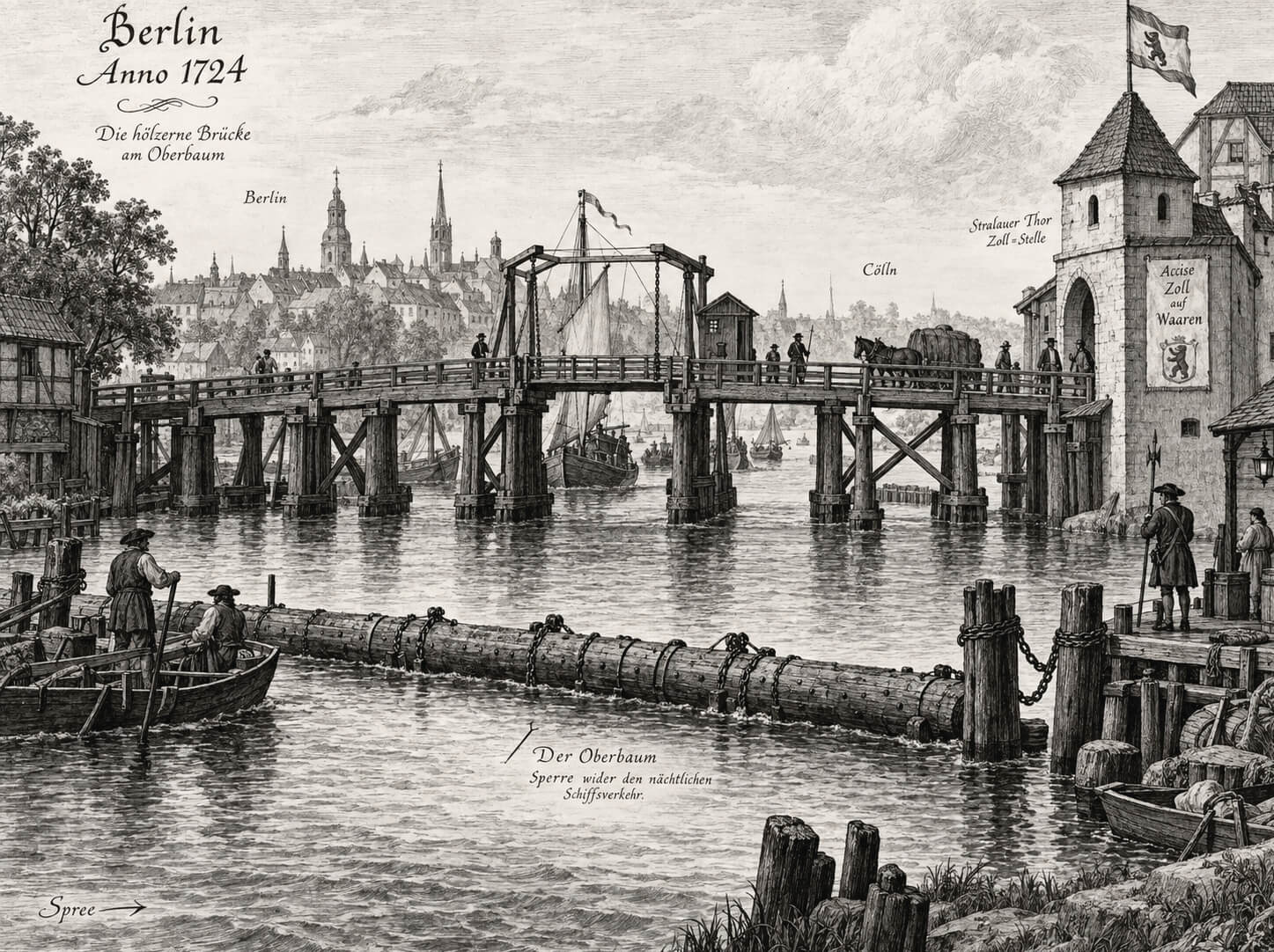 oberbaumbruecke-berlin-hoelzerne-bruecke-um-1724 Oberbaumbrücke Berlin aus der Schiffsperspektive
